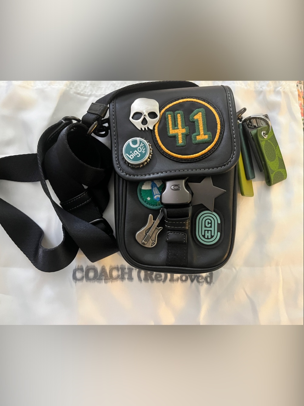 Coach re-loved Black Leather crossbody Bag with Green and Yellow Patch Accents